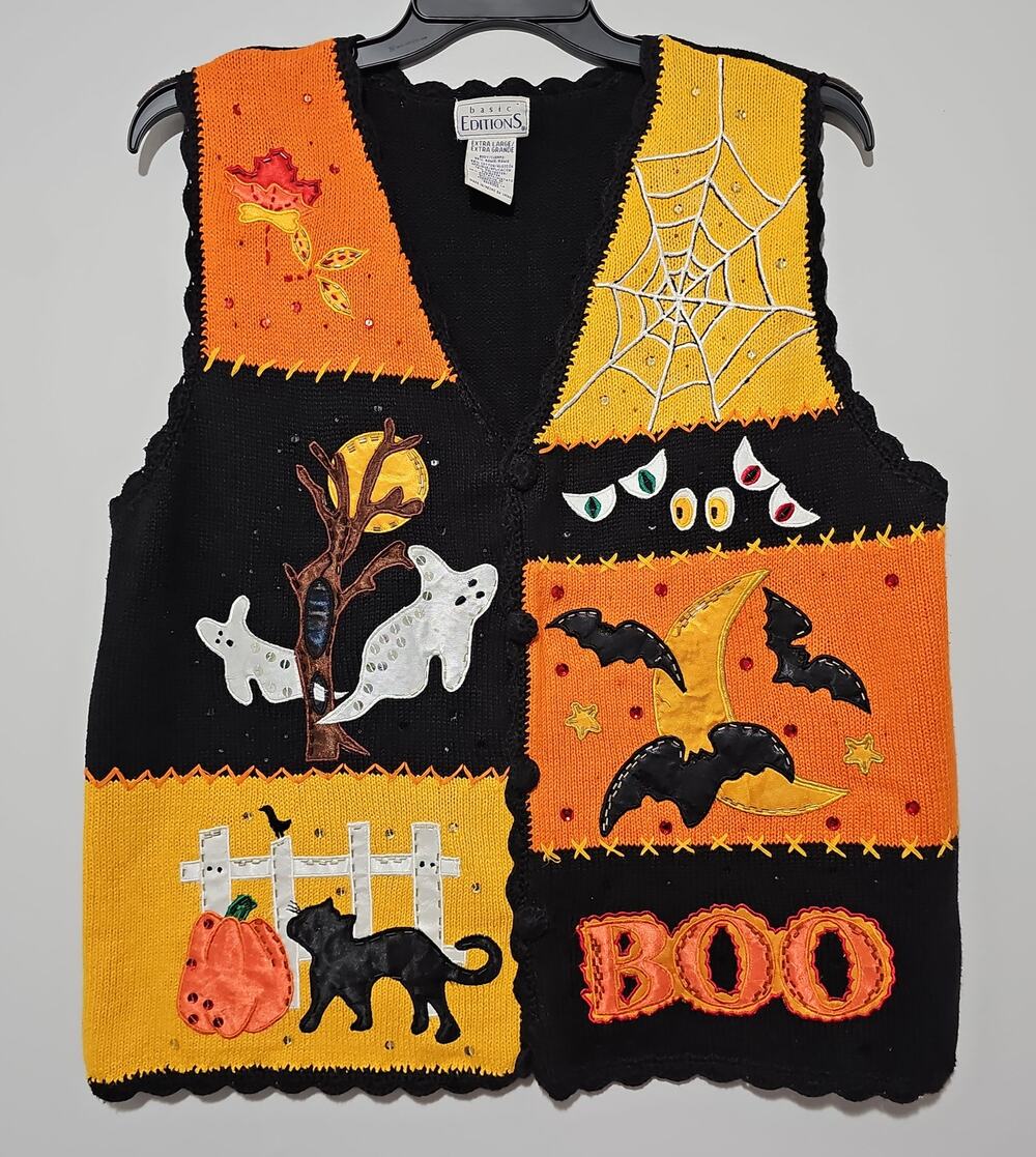 Basic Editions Halloween Sweater Vest Womens XL Pumpkin Ghost Moon Cat